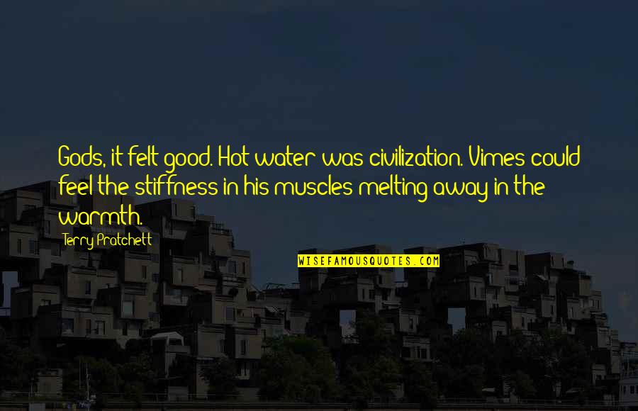 Vimes Quotes By Terry Pratchett: Gods, it felt good. Hot water was civilization.