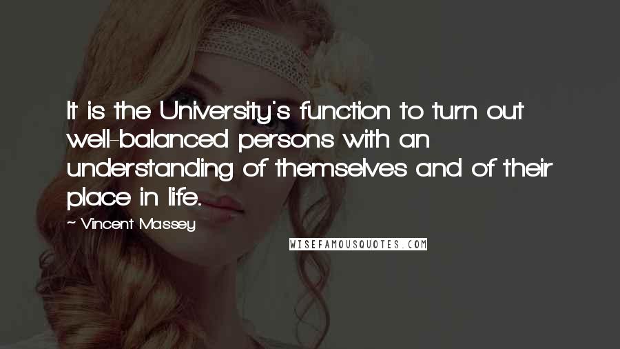Vincent Massey quotes: It is the University's function to turn out well-balanced persons with an understanding of themselves and of their place in life. Vincent Massey quotes: It is the University's function to turn out well-balanced persons with an understanding of themselves and of their place in life.