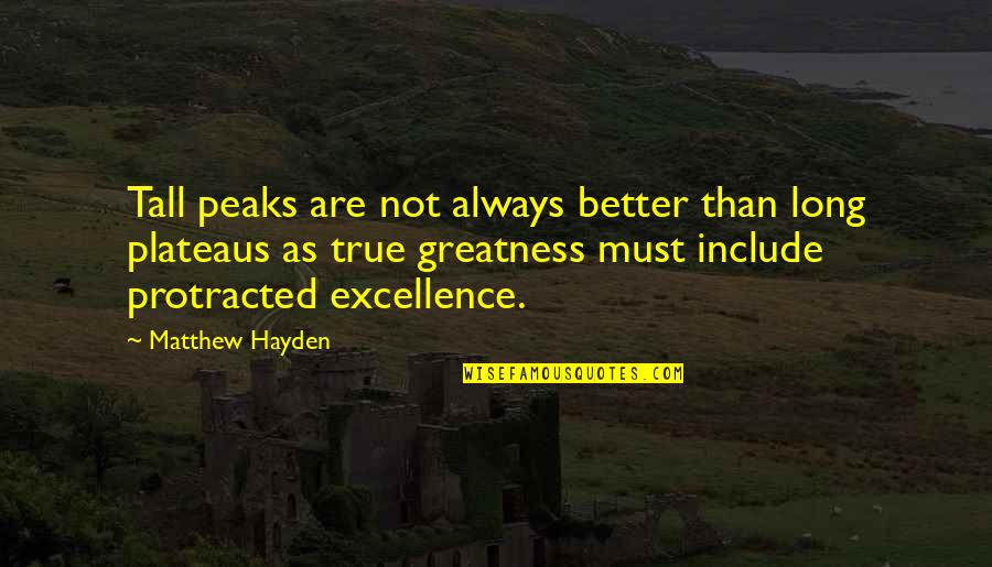 Vinkovics Quotes By Matthew Hayden: Tall peaks are not always better than long Vinkovics Quotes By Matthew Hayden: Tall peaks are not always better than long