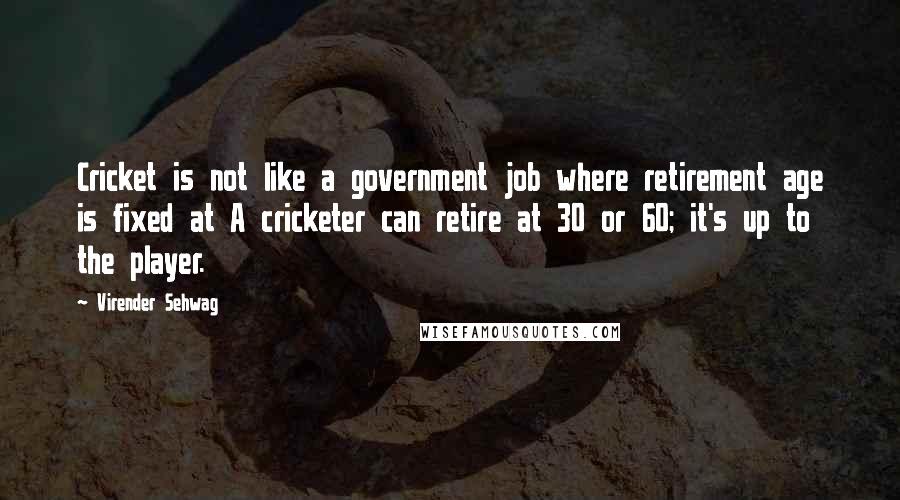 Virender Sehwag quotes: Cricket is not like a government job where retirement age is fixed at A cricketer can retire at 30 or 60; it's up to the player. Virender Sehwag quotes: Cricket is not like a government job where retirement age is fixed at A cricketer can retire at 30 or 60; it's up to the player.