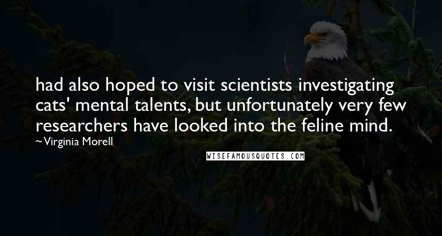 Virginia Morell quotes: had also hoped to visit scientists investigating cats' mental talents, but unfortunately very few researchers have looked into the feline mind. Virginia Morell quotes: had also hoped to visit scientists investigating cats' mental talents, but unfortunately very few researchers have looked into the feline mind.