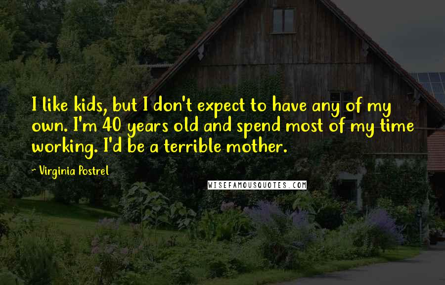 Virginia Postrel quotes: I like kids, but I don't expect to have any of my own. I'm 40 years old and spend most of my time working. I'd be a terrible mother. Virginia Postrel quotes: I like kids, but I don't expect to have any of my own. I'm 40 years old and spend most of my time working. I'd be a terrible mother.