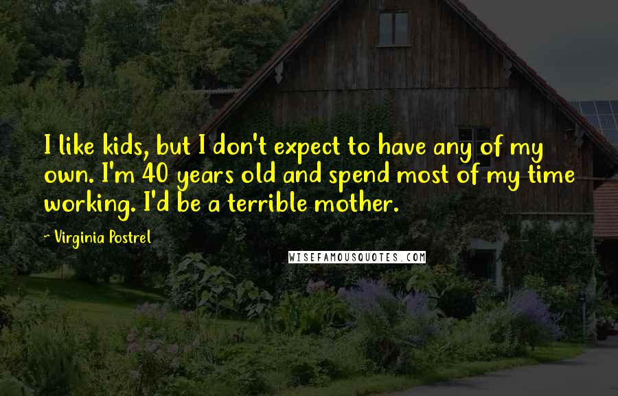 Virginia Postrel quotes: I like kids, but I don't expect to have any of my own. I'm 40 years old and spend most of my time working. I'd be a terrible mother.