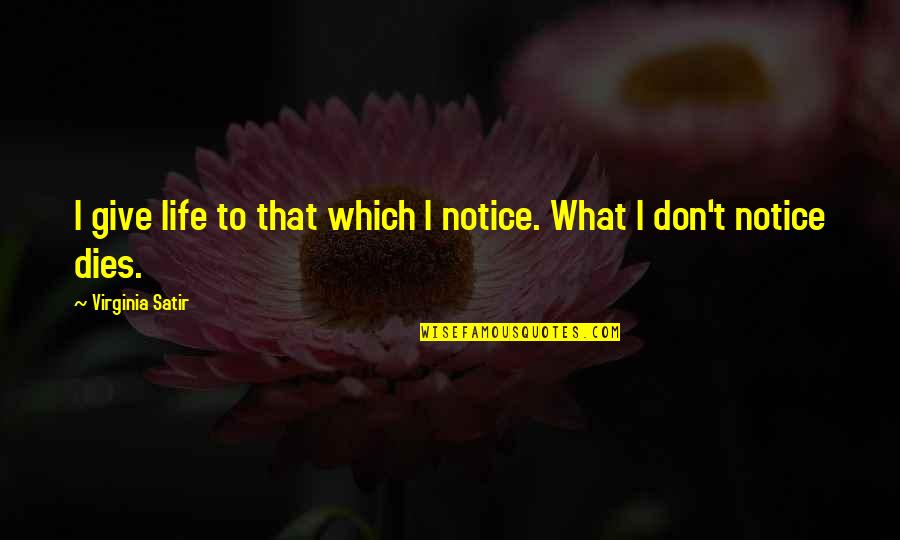 Virginia Satir Best Quotes By Virginia Satir: I give life to that which I notice. Virginia Satir Best Quotes By Virginia Satir: I give life to that which I notice.