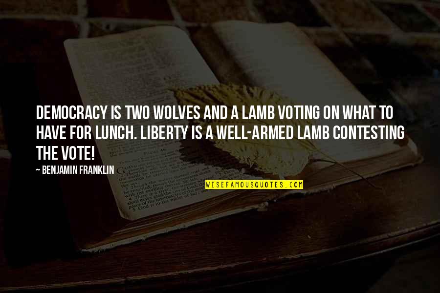 Voting Democracy Quotes By Benjamin Franklin: Democracy is two wolves and a lamb voting Voting Democracy Quotes By Benjamin Franklin: Democracy is two wolves and a lamb voting