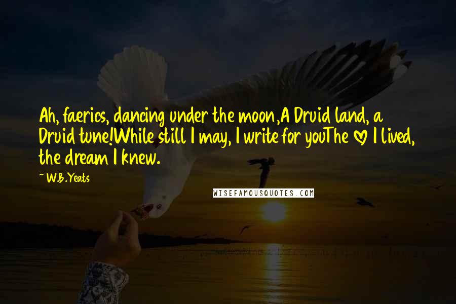 W.B.Yeats quotes: Ah, faerics, dancing under the moon,A Druid land, a Druid tune!While still I may, I write for youThe love I lived, the dream I knew.