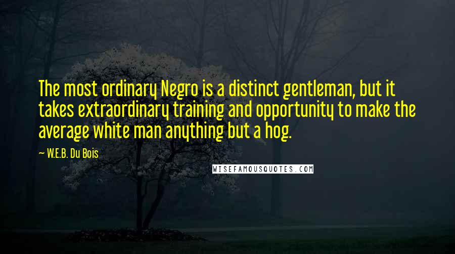 W.E.B. Du Bois quotes: The most ordinary Negro is a distinct gentleman, but it takes extraordinary training and opportunity to make the average white man anything but a hog.