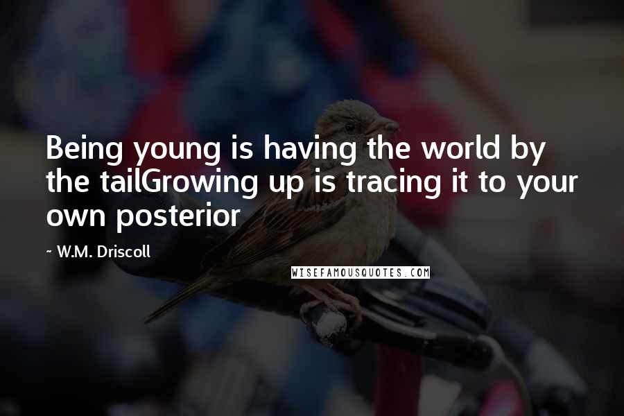 W.M. Driscoll quotes: Being young is having the world by the tailGrowing up is tracing it to your own posterior