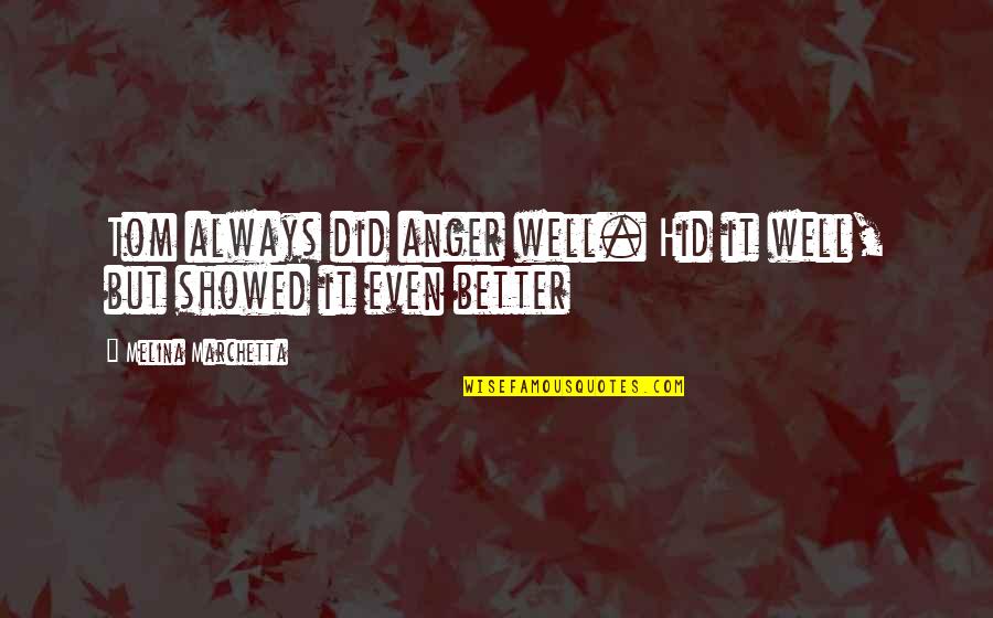 Waaaaa Song Quotes By Melina Marchetta: Tom always did anger well. Hid it well, Waaaaa Song Quotes By Melina Marchetta: Tom always did anger well. Hid it well,