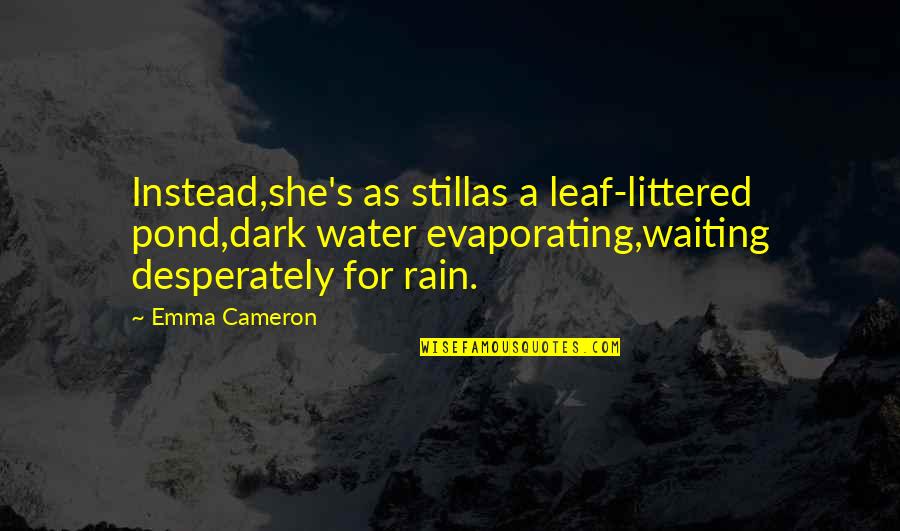 Waiting For Rain Quotes By Emma Cameron: Instead,she's as stillas a leaf-littered pond,dark water evaporating,waiting