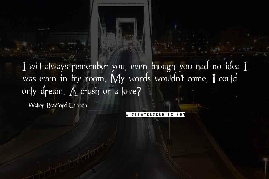Walter Bradford Cannon quotes: I will always remember you, even though you had no idea I was even in the room. My words wouldn't come, I could only dream. A crush or a love? Walter Bradford Cannon quotes: I will always remember you, even though you had no idea I was even in the room. My words wouldn't come, I could only dream. A crush or a love?