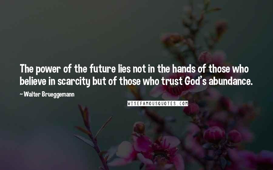Walter Brueggemann quotes: The power of the future lies not in the hands of those who believe in scarcity but of those who trust God's abundance.
