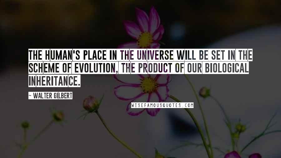 Walter Gilbert quotes: The human's place in the universe will be set in the scheme of evolution, the product of our biological inheritance.