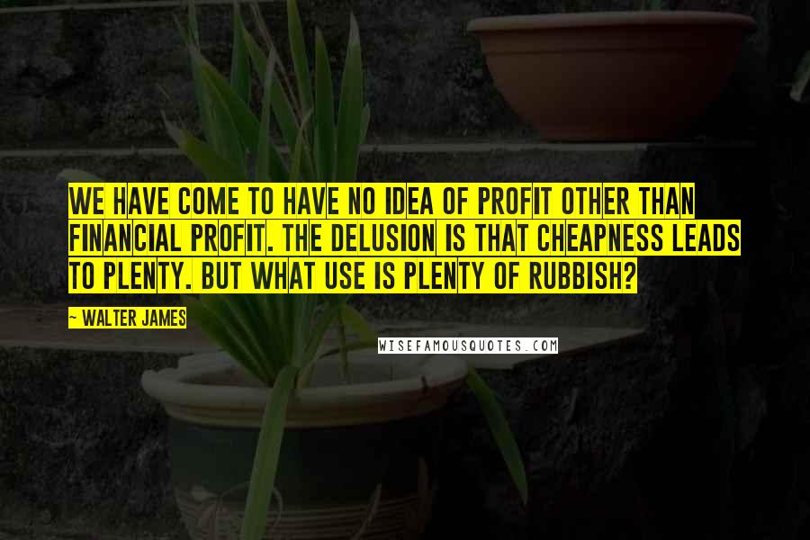 Walter James quotes: We have come to have no idea of profit other than financial profit. The delusion is that cheapness leads to plenty. But what use is plenty of rubbish?