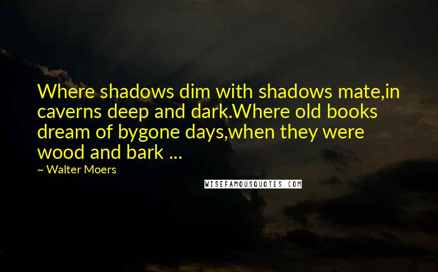 Walter Moers quotes: Where shadows dim with shadows mate,in caverns deep and dark.Where old books dream of bygone days,when they were wood and bark ...