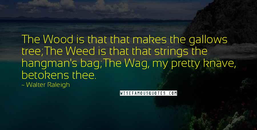 Walter Raleigh quotes: The Wood is that that makes the gallows tree;The Weed is that that strings the hangman's bag;The Wag, my pretty knave, betokens thee.