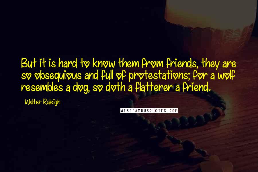 Walter Raleigh quotes: But it is hard to know them from friends, they are so obsequious and full of protestations; for a wolf resembles a dog, so doth a flatterer a friend.