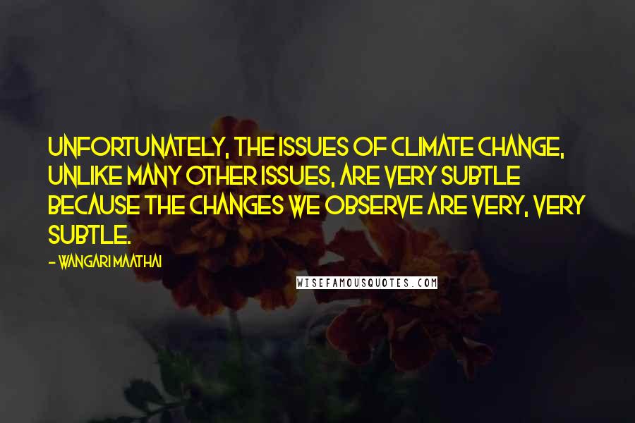 Wangari Maathai quotes: Unfortunately, the issues of climate change, unlike many other issues, are very subtle because the changes we observe are very, very subtle.