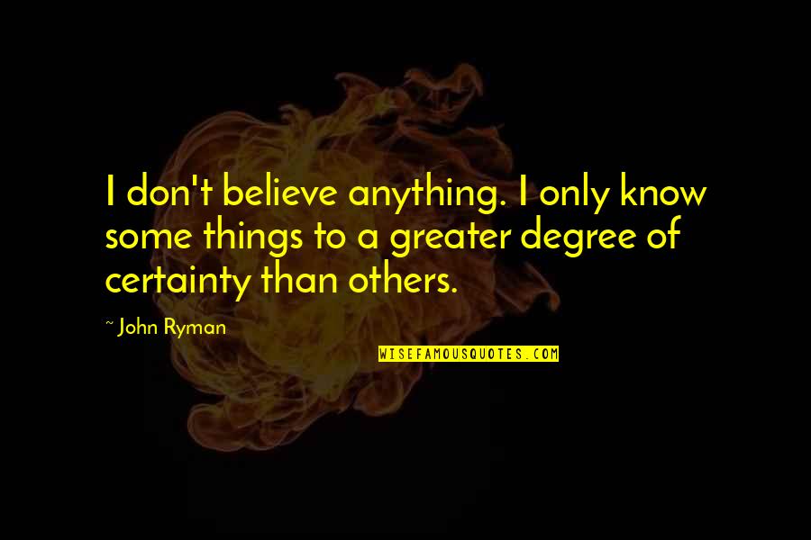 Warcraft 3 Satyr Quotes By John Ryman: I don't believe anything. I only know some Warcraft 3 Satyr Quotes By John Ryman: I don't believe anything. I only know some