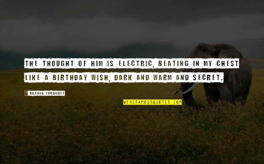 Warm Birthday Quotes By Brenna Yovanoff: The thought of him is electric, beating in