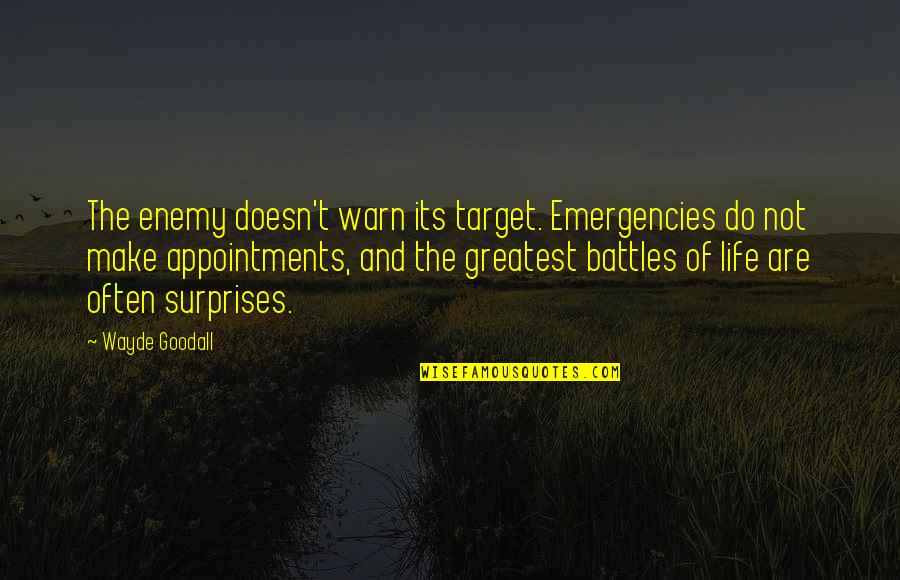 Wayde Goodall Quotes By Wayde Goodall: The enemy doesn't warn its target. Emergencies do