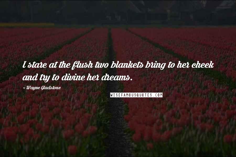 Wayne Gladstone quotes: I stare at the flush two blankets bring to her cheek and try to divine her dreams.