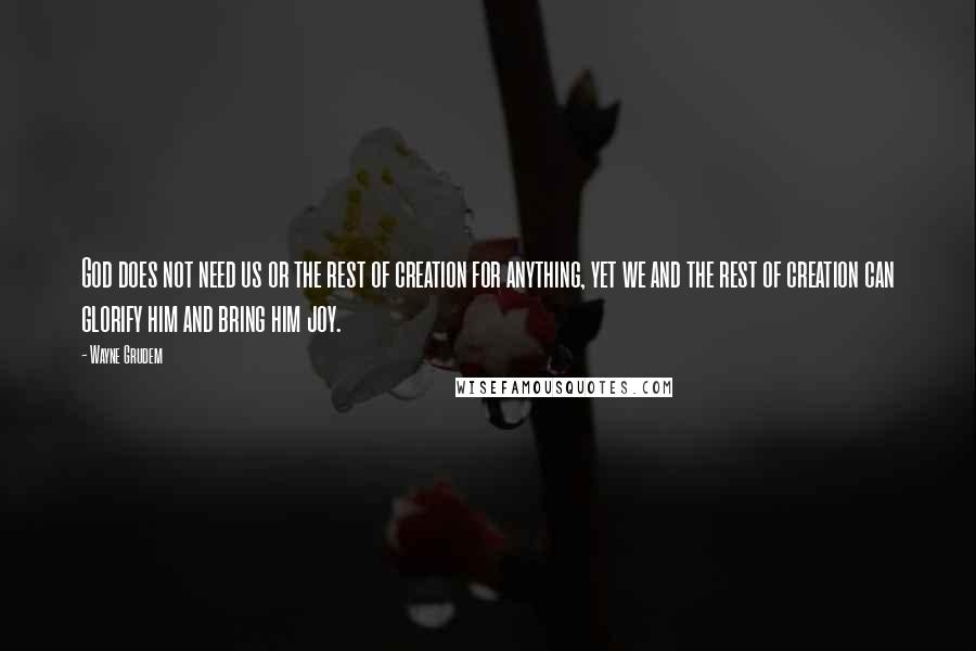 Wayne Grudem quotes: God does not need us or the rest of creation for anything, yet we and the rest of creation can glorify him and bring him joy.