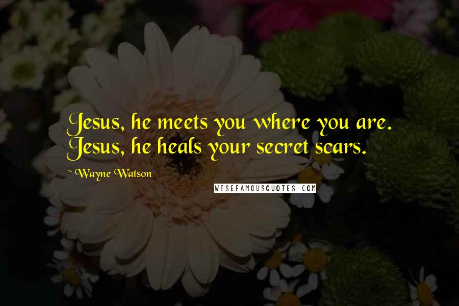 Wayne Watson quotes: Jesus, he meets you where you are. Jesus, he heals your secret scars.