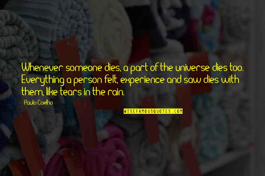We Are Not Alone In The Universe Quotes By Paulo Coelho: Whenever someone dies, a part of the universe We Are Not Alone In The Universe Quotes By Paulo Coelho: Whenever someone dies, a part of the universe