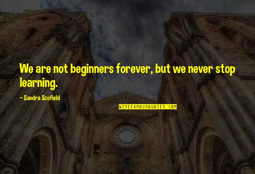 We Never Stop Quotes By Sandra Scofield: We are not beginners forever, but we never