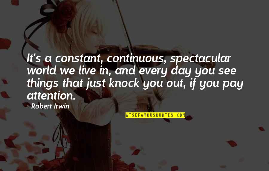 We See You Quotes By Robert Irwin: It's a constant, continuous, spectacular world we live We See You Quotes By Robert Irwin: It's a constant, continuous, spectacular world we live