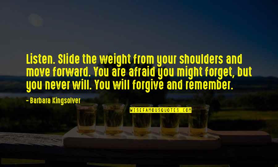 Weight Of Your Shoulders Quotes By Barbara Kingsolver: Listen. Slide the weight from your shoulders and