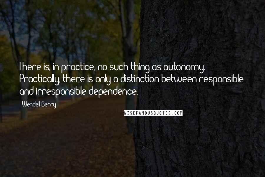 Wendell Berry quotes: There is, in practice, no such thing as autonomy. Practically, there is only a distinction between responsible and irresponsible dependence.