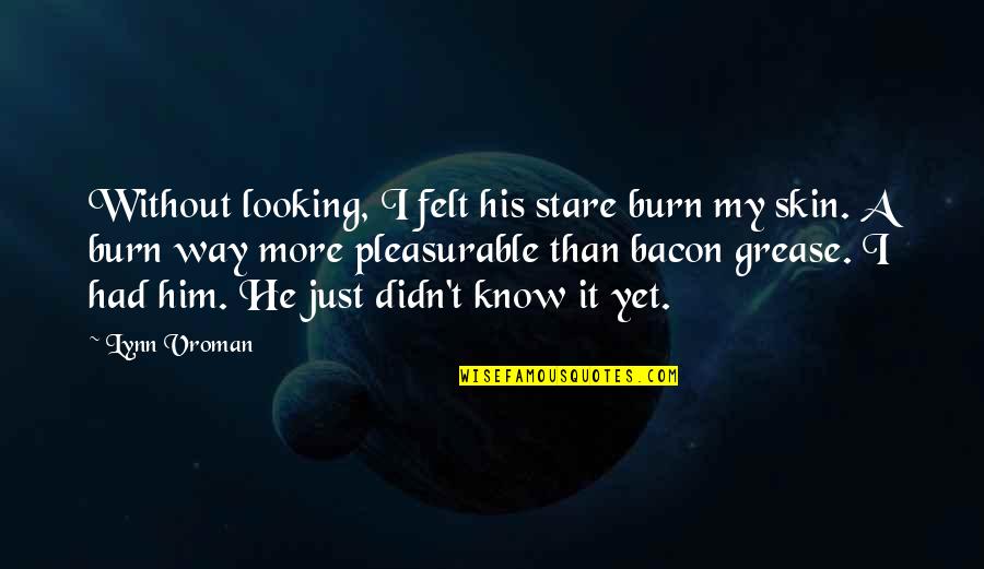 Werld Quotes By Lynn Vroman: Without looking, I felt his stare burn my