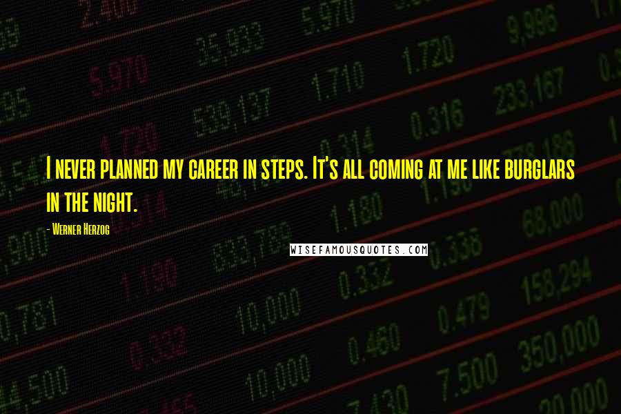 Werner Herzog quotes: I never planned my career in steps. It's all coming at me like burglars in the night.