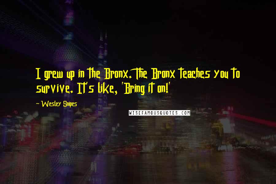 Wesley Snipes quotes: I grew up in the Bronx. The Bronx teaches you to survive. It's like, 'Bring it on!'