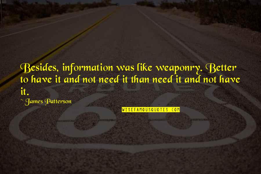 What Is The Purpose Of Art Quotes By James Patterson: Besides, information was like weaponry. Better to have