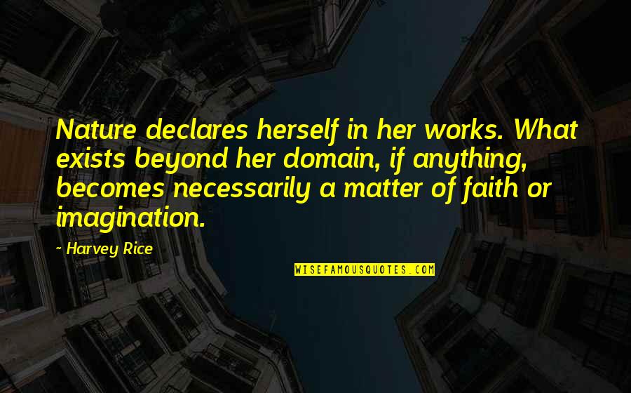 What Works Quotes By Harvey Rice: Nature declares herself in her works. What exists