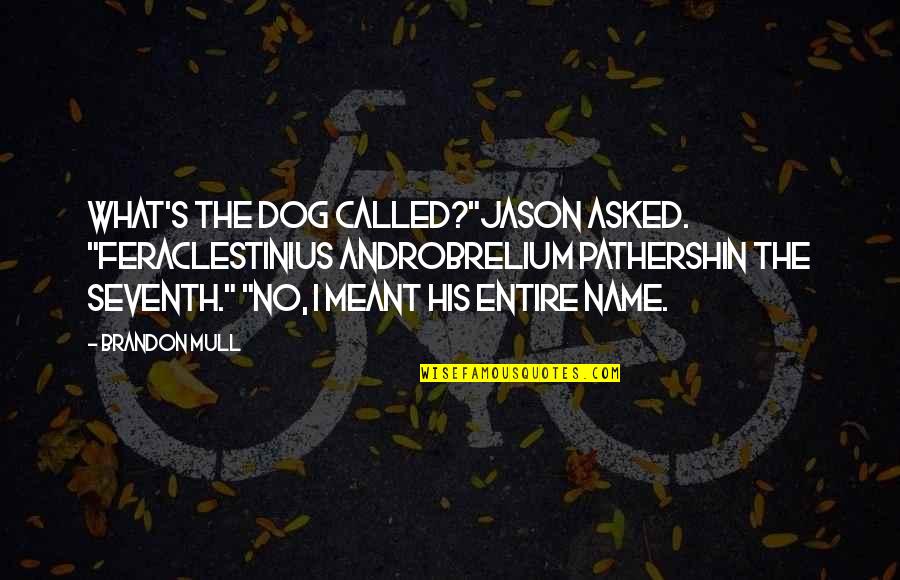 What's Meant Quotes By Brandon Mull: What's the dog called?"Jason asked. "Feraclestinius Androbrelium Pathershin