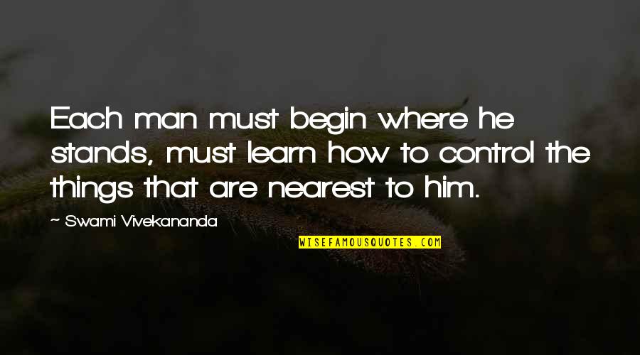 Where To Begin Quotes By Swami Vivekananda: Each man must begin where he stands, must