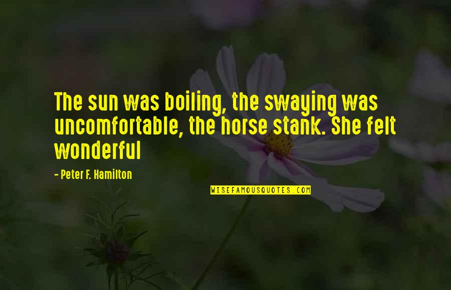 Whirlybirds Quotes By Peter F. Hamilton: The sun was boiling, the swaying was uncomfortable, Whirlybirds Quotes By Peter F. Hamilton: The sun was boiling, the swaying was uncomfortable,