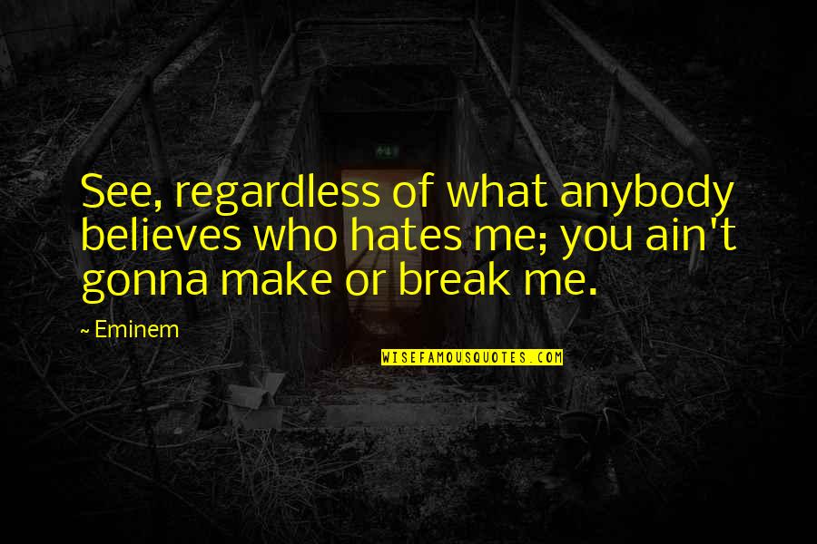 Who Hates Me Quotes By Eminem: See, regardless of what anybody believes who hates