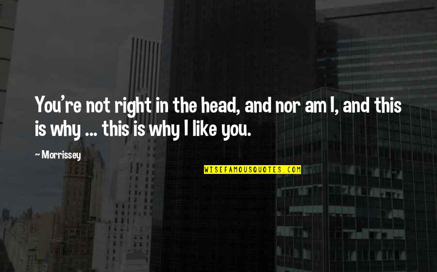 Why I Like You Quotes By Morrissey: You're not right in the head, and nor