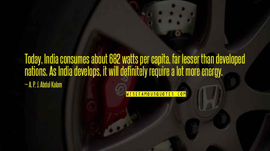 Widely Known Quotes By A. P. J. Abdul Kalam: Today, India consumes about 682 watts per capita, Widely Known Quotes By A. P. J. Abdul Kalam: Today, India consumes about 682 watts per capita,