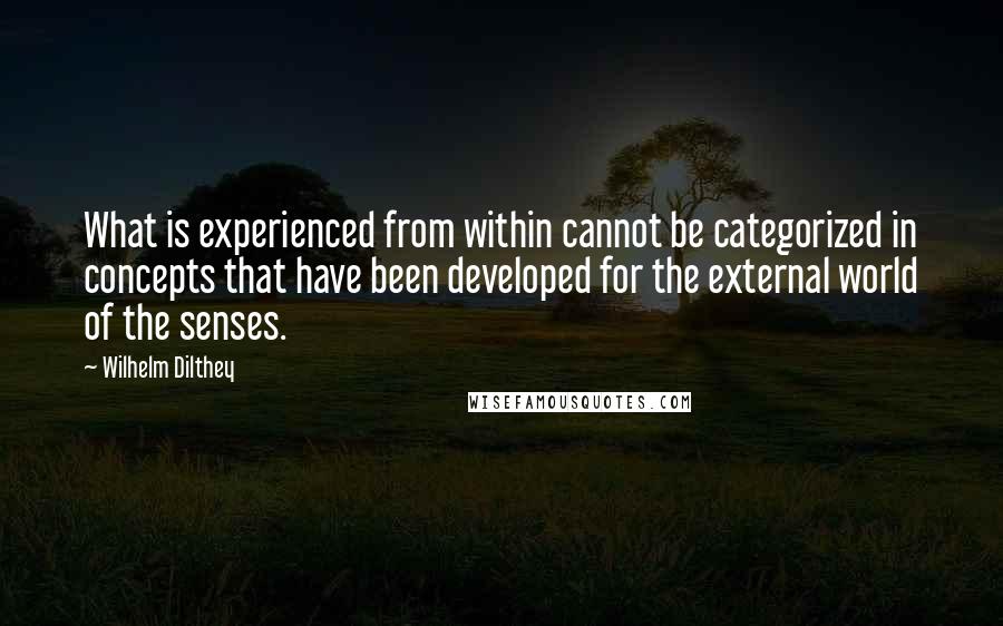 Wilhelm Dilthey quotes: What is experienced from within cannot be categorized in concepts that have been developed for the external world of the senses. Wilhelm Dilthey quotes: What is experienced from within cannot be categorized in concepts that have been developed for the external world of the senses.