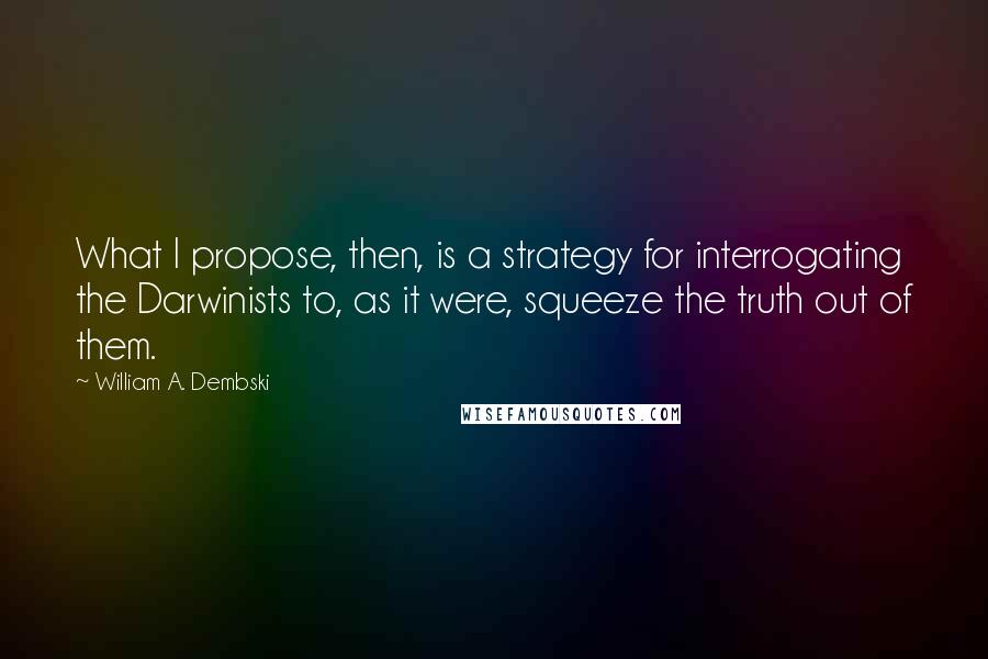 William A. Dembski quotes: What I propose, then, is a strategy for interrogating the Darwinists to, as it were, squeeze the truth out of them.
