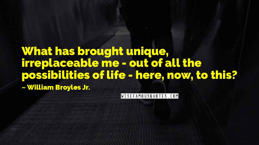 William Broyles Jr. quotes: What has brought unique, irreplaceable me - out of all the possibilities of life - here, now, to this?