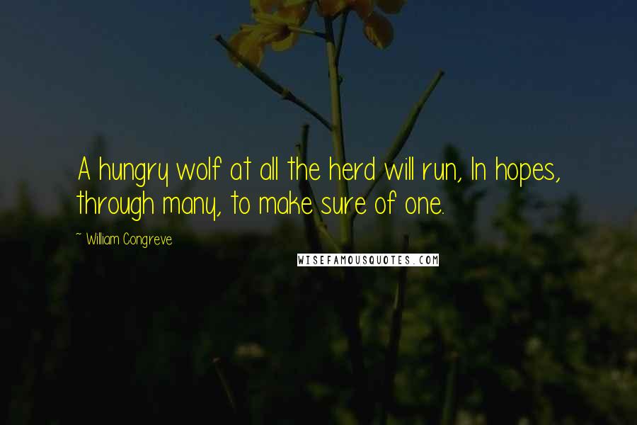William Congreve quotes: A hungry wolf at all the herd will run, In hopes, through many, to make sure of one. William Congreve quotes: A hungry wolf at all the herd will run, In hopes, through many, to make sure of one.