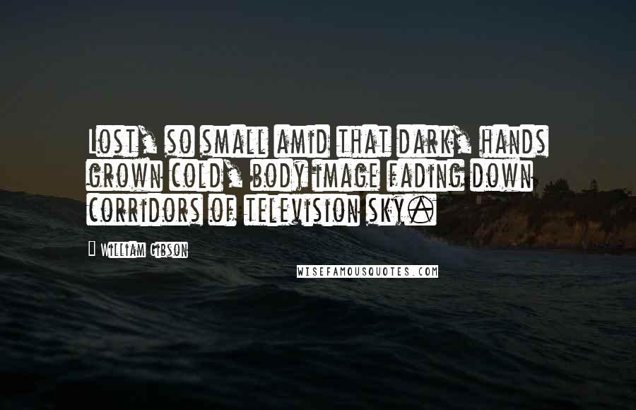 William Gibson quotes: Lost, so small amid that dark, hands grown cold, body image fading down corridors of television sky.