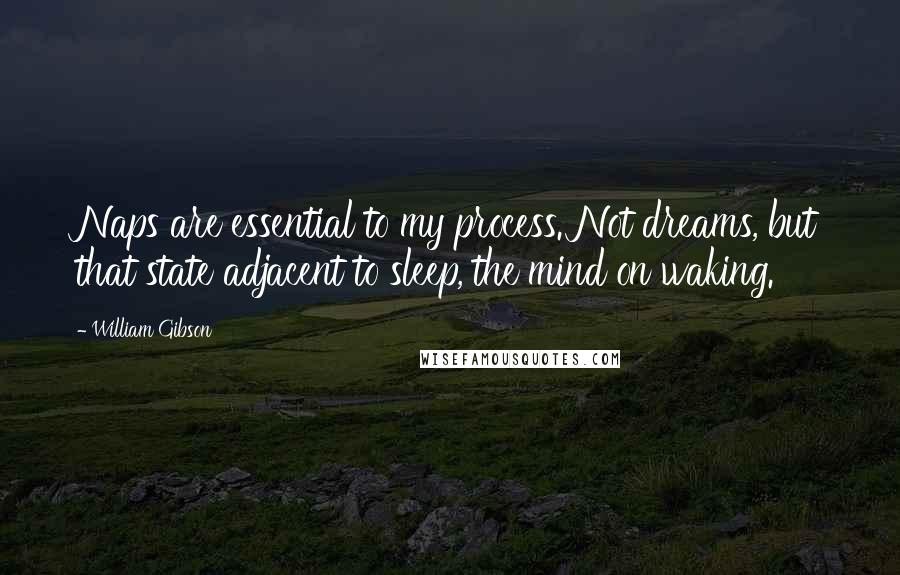 William Gibson quotes: Naps are essential to my process. Not dreams, but that state adjacent to sleep, the mind on waking.